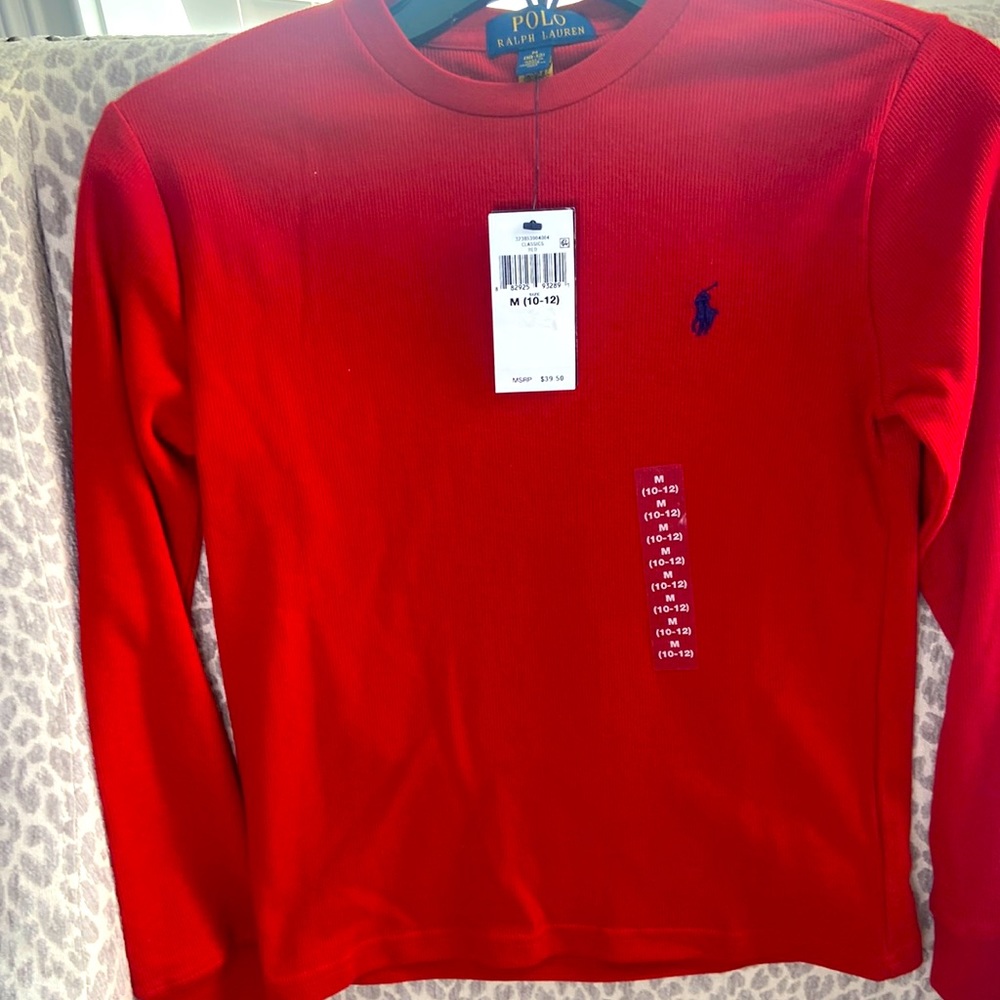NWTs Ralph Lauren Long Sleeve red waffle knit shirt.  Boys medium 10-12